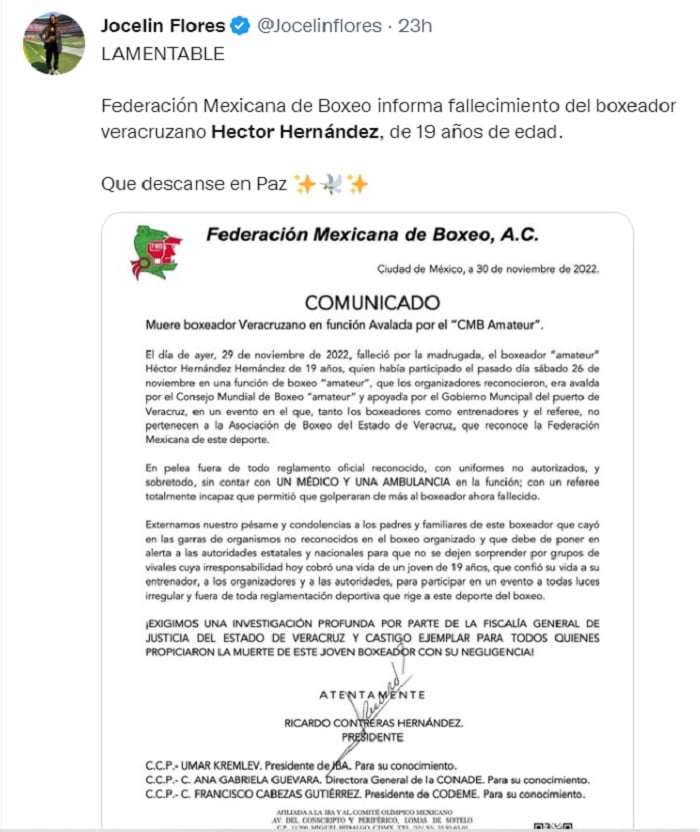 El Consejo Mundial de Boxeo desmiente lo dicho por la Federación respecto a la muerte de Héctor Hernández Hernández