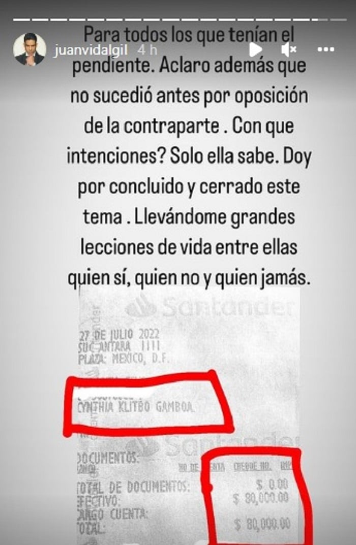 Juan Vidal asegura que ya le pagó a Cynthia Klitbo
