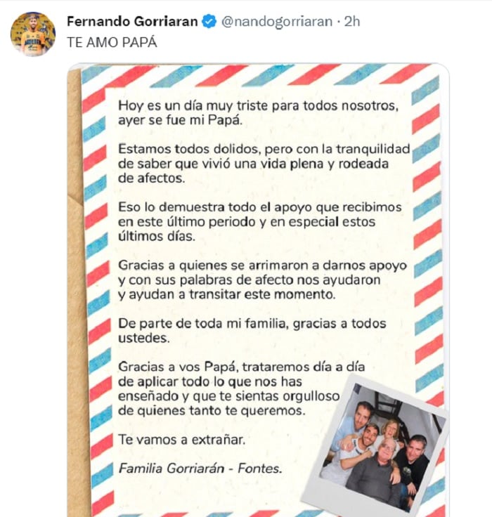 El futbolista uruguayo le escribe una emotiva carta de despedida a su padre