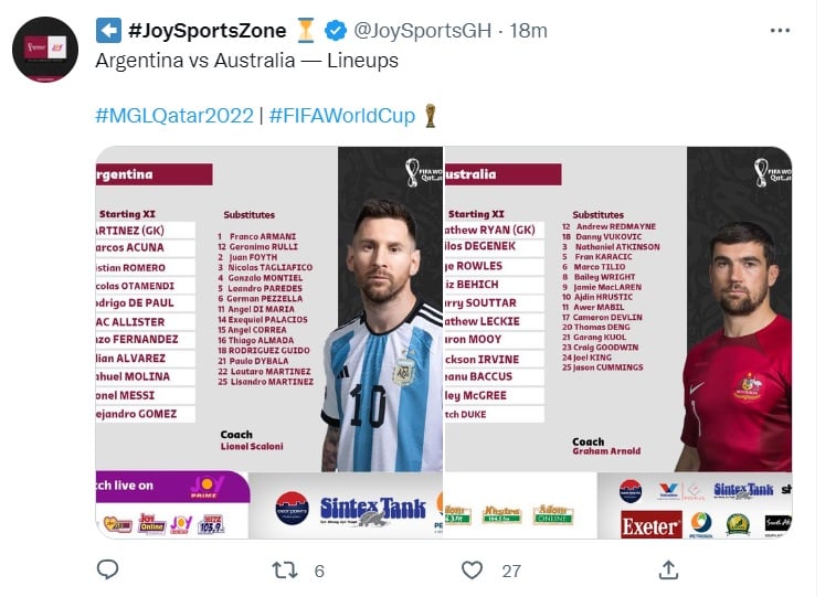 Argentina vs Australia: Alineaciones de ambos equipos