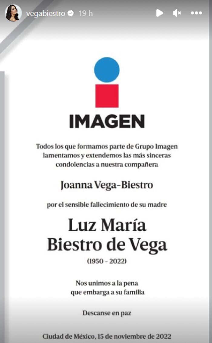 Lamentan la muerte de la madre de Joanna Vega-Biestro
