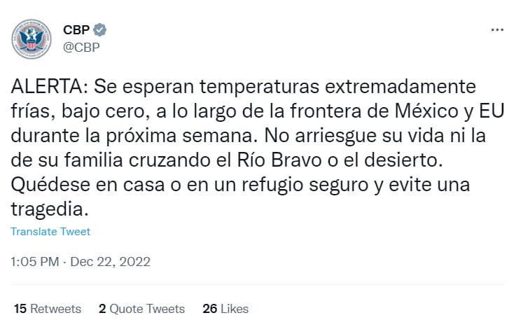 ADVIERTEN A MIGRANTES DE MAL CLIMA en zonas de la frontera entre México y Estados Unidos