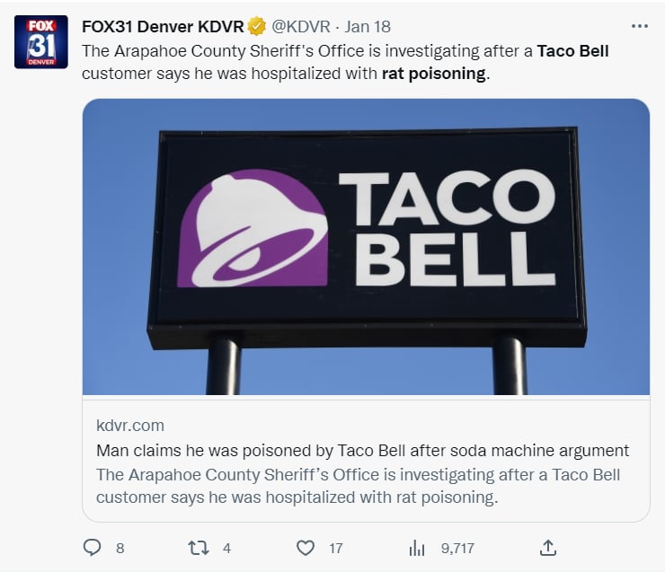 HOMBRE TERMINA CONSUMIENDO VENENO PARA RATAS TRAS COMER EN TACO BELL