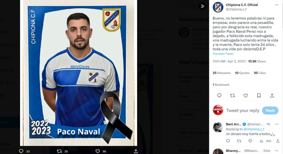 Muere futbolista Paco Naval: "No tenemos palabras"