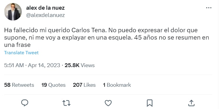 REPORTAN LA MUERTE DE CARLOS TENA