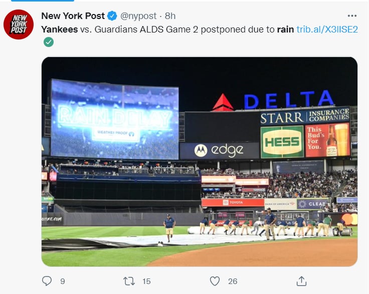 YANKEES VS. GUARDIANES SE APLAZA POR LLUVIAS