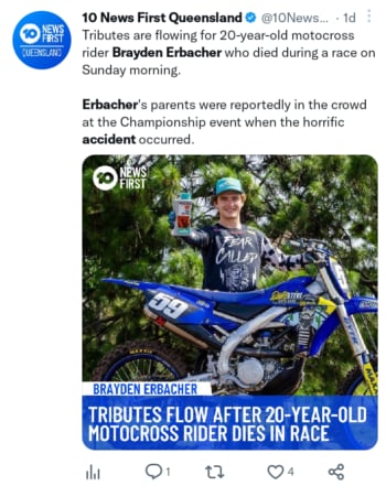 Muere Brayden Erbacher motocross