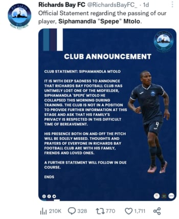 Muere futbolista Siphamandla Mtolo