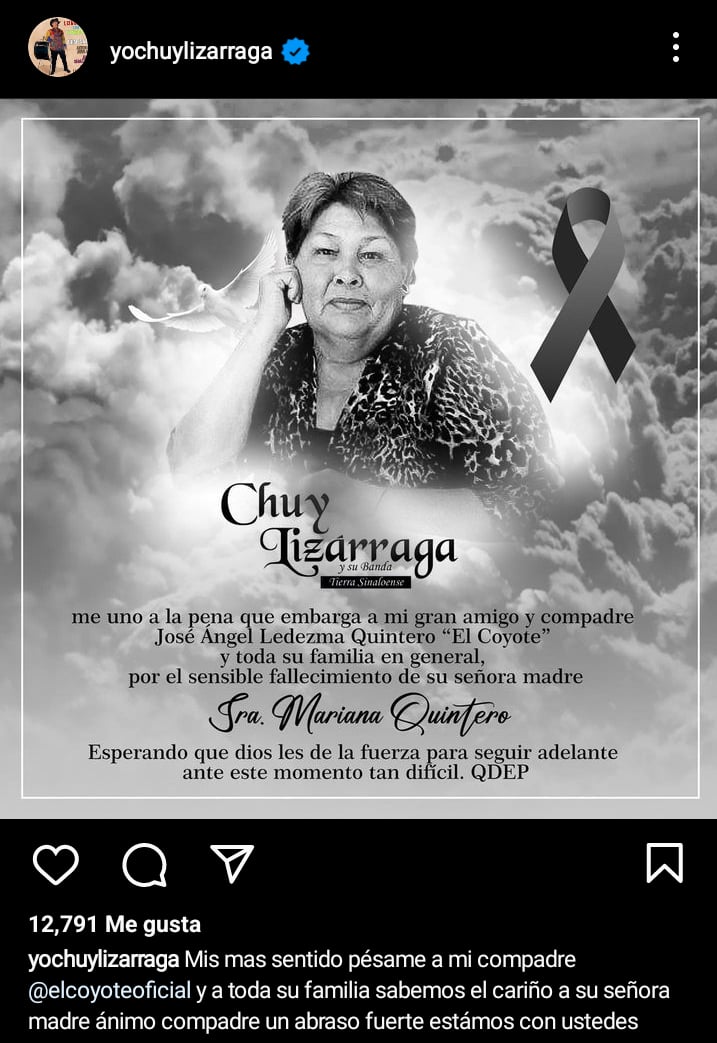 Chuy Lizarraga se une a las condolencias tras la muerte de la señora Mariana Quintero