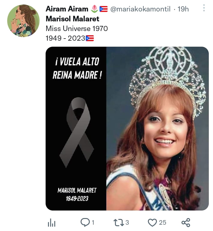 They mourn the death of the first Miss Universe of Puerto Rico