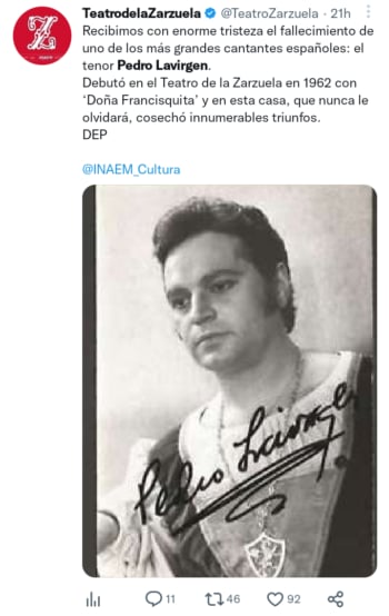 Muere tenor Pedro Lavirgen