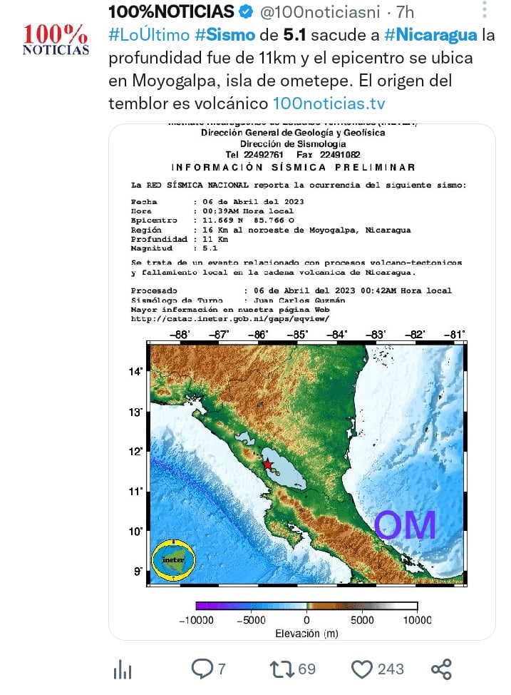 Sismo magnitud 5.1 Nicaragua