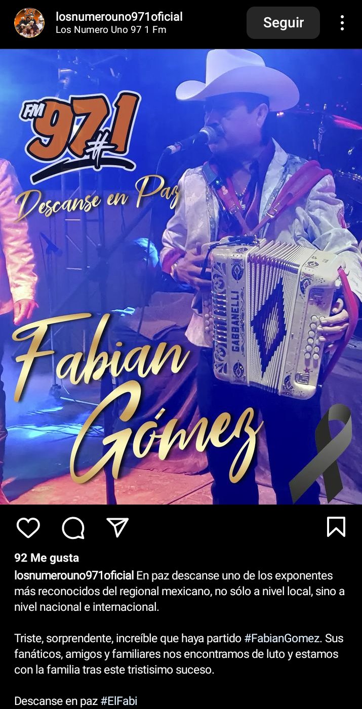 Muere cantante Fabián Gómez