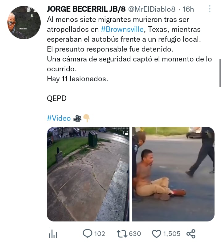 Ocho muertos atropello migrantes en Texas
