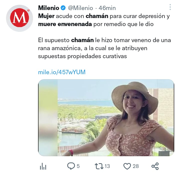 Mujer muere envenenada chamán