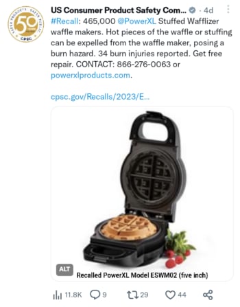 Issue recall of waffle irons