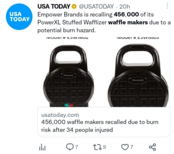 Issue recall of waffle irons