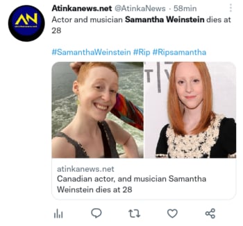 Muere actriz Samantha Weinstein