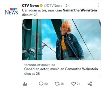 Muere actriz Samantha Weinstein