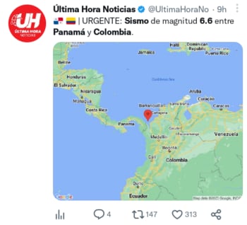 Sismo sacude Colombia y Panamá
