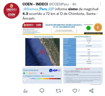 Sismo magnitud 4.3 Perú