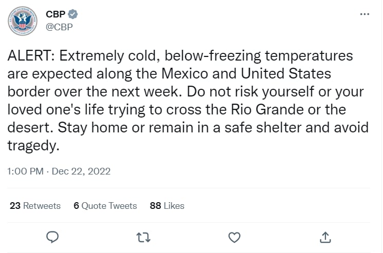 "No arriesgue su vida", fue el mensaje que envió la CBP ante clima extremo