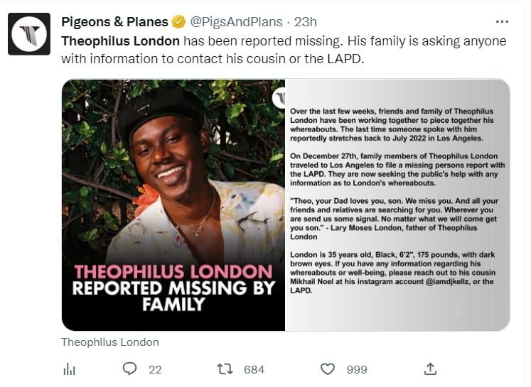 Desaparece rapero Theophilus London: ¿Por qué lo buscan después de meses?