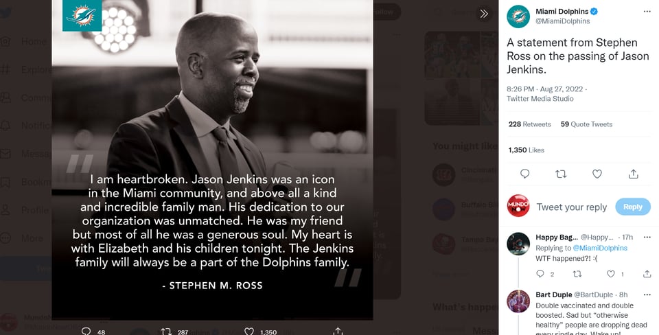 Muere Jason Jenkins: "Estoy desconsolado"