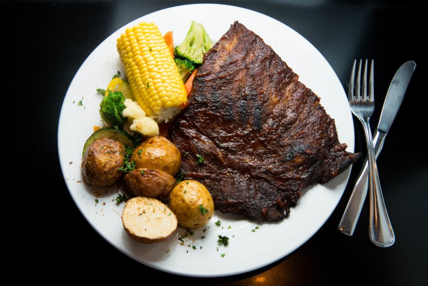 plato, comida, filete, patatas, maíz, verduras