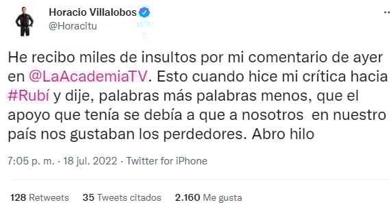 Horacio Villalobos wins hate: He apologizes on social networks