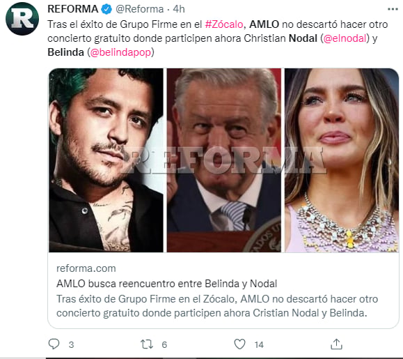 AMLO Belinda Christian Nodal: Quiere mucho a la cantante