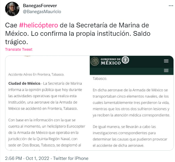 Helicóptero marina se desploma: La secretaría confirma número de muertos
