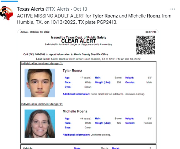 Tyler Roenz madre muerta: Reportados como desaparecidos