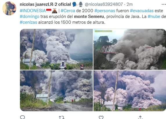 Indonesia erupción Monte Semeru: 2 mil personas abandonan sus hogares