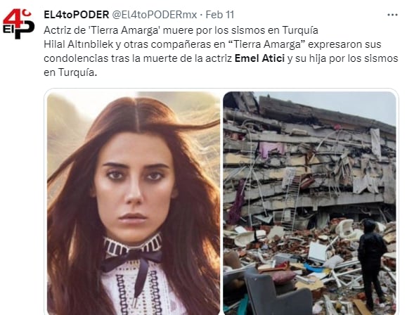 Muere actriz Emel Atici: Los terremotos en Siria y Turquía