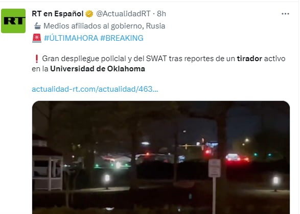 Tirador activo Universidad Oklahoma: Terrorista mata a una persona