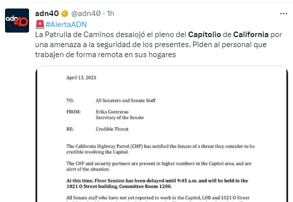 Capitolio California es evacuado: Ya habían recibido una amenaza