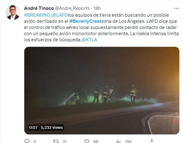 Choque avioneta Los Ángeles: Buscaron toda la noche