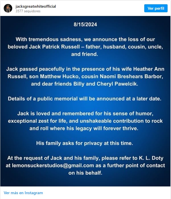 Jack Russell,Vocalista,Great White,fallece