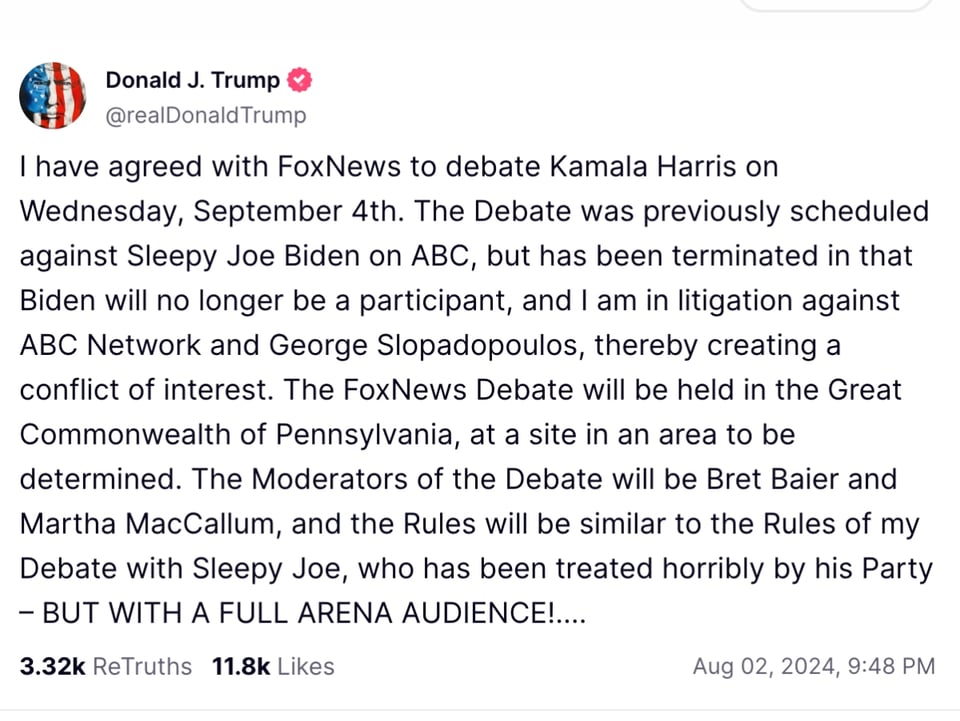 Trump anuncia debate Kamala, Donald Trump, Kamala Harris, debate Fox News, MundoNOW