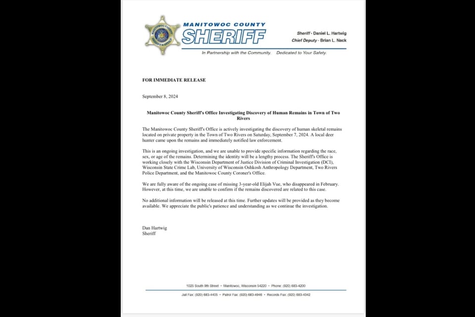 Remains Found in Two Rivers, Elijah Vue, case, MundoNOW