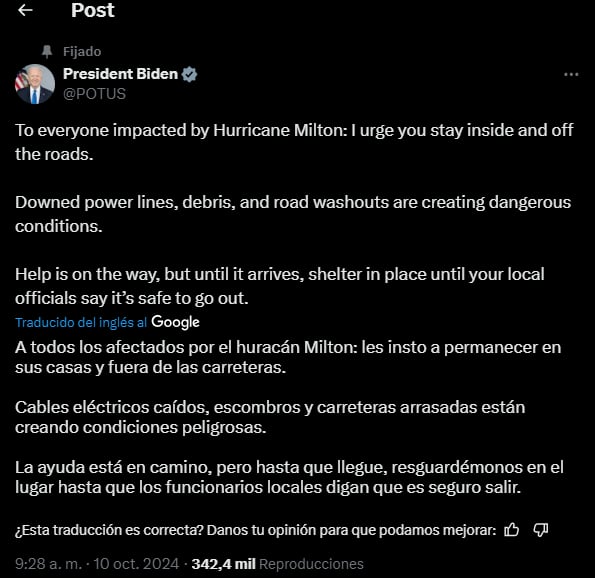 Joe Biden mensaje huracán Milton, Florida,desastre,Milton,Florida