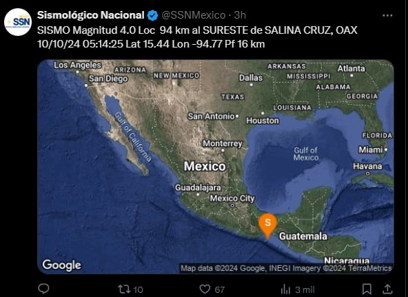 Sismo en Oaxaca, Magnitud 4.0 Oaxaca,Réplicas sismos Oaxaca,Terremoto en Salina Cruz,