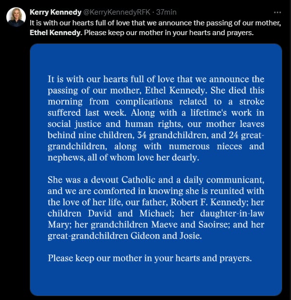 Ethel Kennedy fallecimientolegado, tragedias, activismo