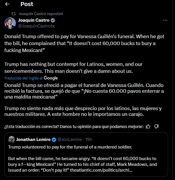 Joaquín Castro, duras críticas , Donald Trump , redes sociales Vanessa Guillen 