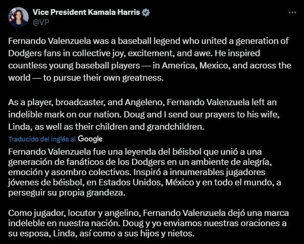 Kamala Harris pésame ,Fernando Valenzuela,muerte,mexico