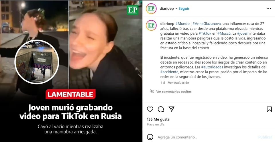 Influencer Arina Glazunova, Russia, video, death, MundoNOW