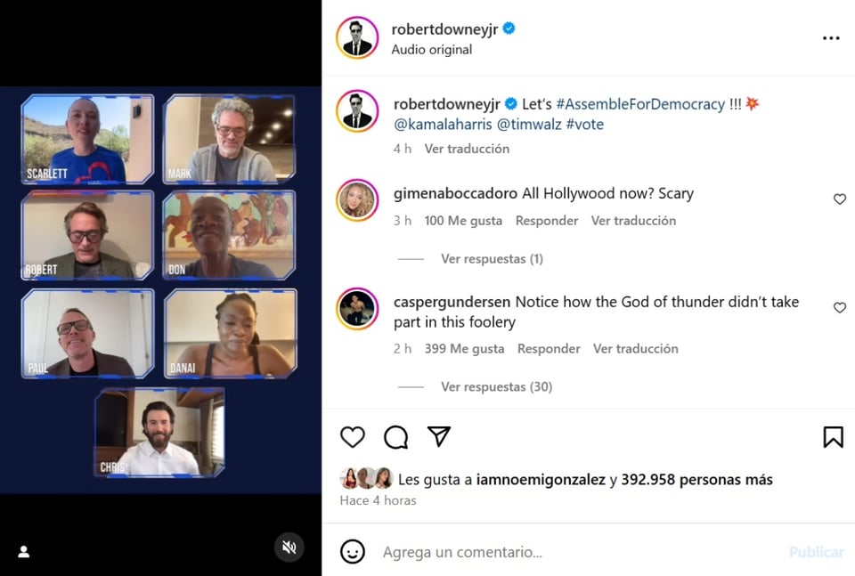 Los Vengadores Kamala Harris, Scarlett Johansson., Robert Downey Jr, Chris Evans, Mark Ruffalo, MundoNOW