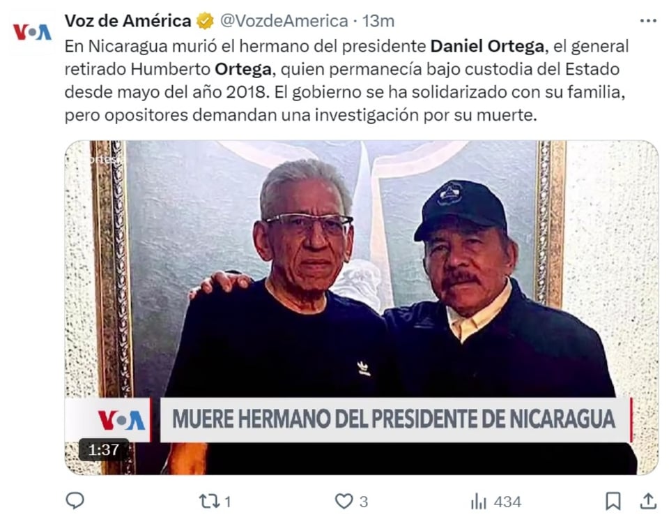 Daniel Ortega hermano, paro cardiorrespiratorio, hospital, fallecimiento, MundoNOW