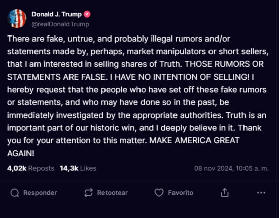 Donald Trump desmiente, rumores ,venta de sus acciones ,Truth Social, 